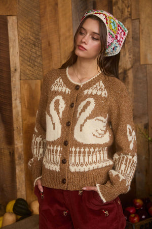 Caramel Swans and Bows Jaquard Cardigan
