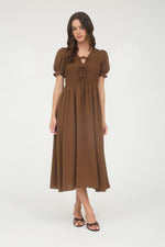 V NECK FRONT TIE SMOCKED PUFF SLEEVE MIDI DRESS