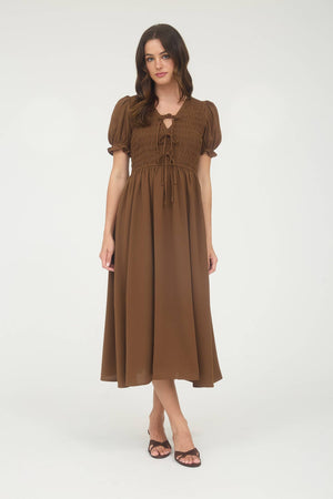 V NECK FRONT TIE SMOCKED PUFF SLEEVE MIDI DRESS