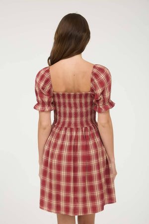 PLAID SMOCKED PUFF SLEEVE MIDI DRESS