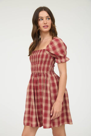 PLAID SMOCKED PUFF SLEEVE MIDI DRESS