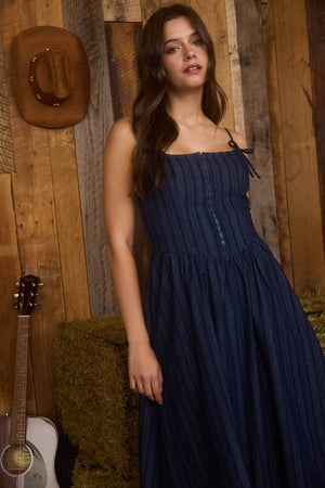 STRIPE FRONT HOOK CORSET DENIM MIDI DRESS