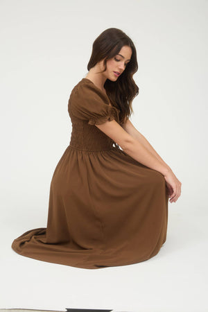 V NECK FRONT TIE SMOCKED PUFF SLEEVE MIDI DRESS