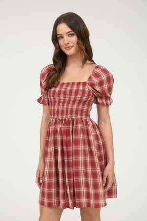 PLAID SMOCKED PUFF SLEEVE MIDI DRESS