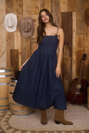 STRIPE FRONT HOOK CORSET DENIM MIDI DRESS
