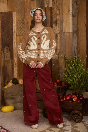 Caramel Swans and Bows Jaquard Cardigan