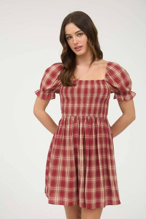 PLAID SMOCKED PUFF SLEEVE MIDI DRESS