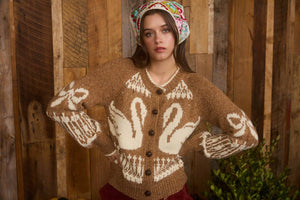 Caramel Swans and Bows Jaquard Cardigan