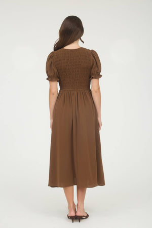 V NECK FRONT TIE SMOCKED PUFF SLEEVE MIDI DRESS