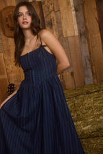 STRIPE FRONT HOOK CORSET DENIM MIDI DRESS
