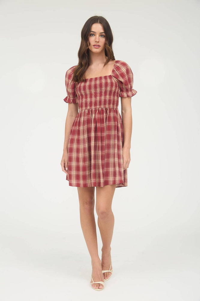 PLAID SMOCKED PUFF SLEEVE MIDI DRESS